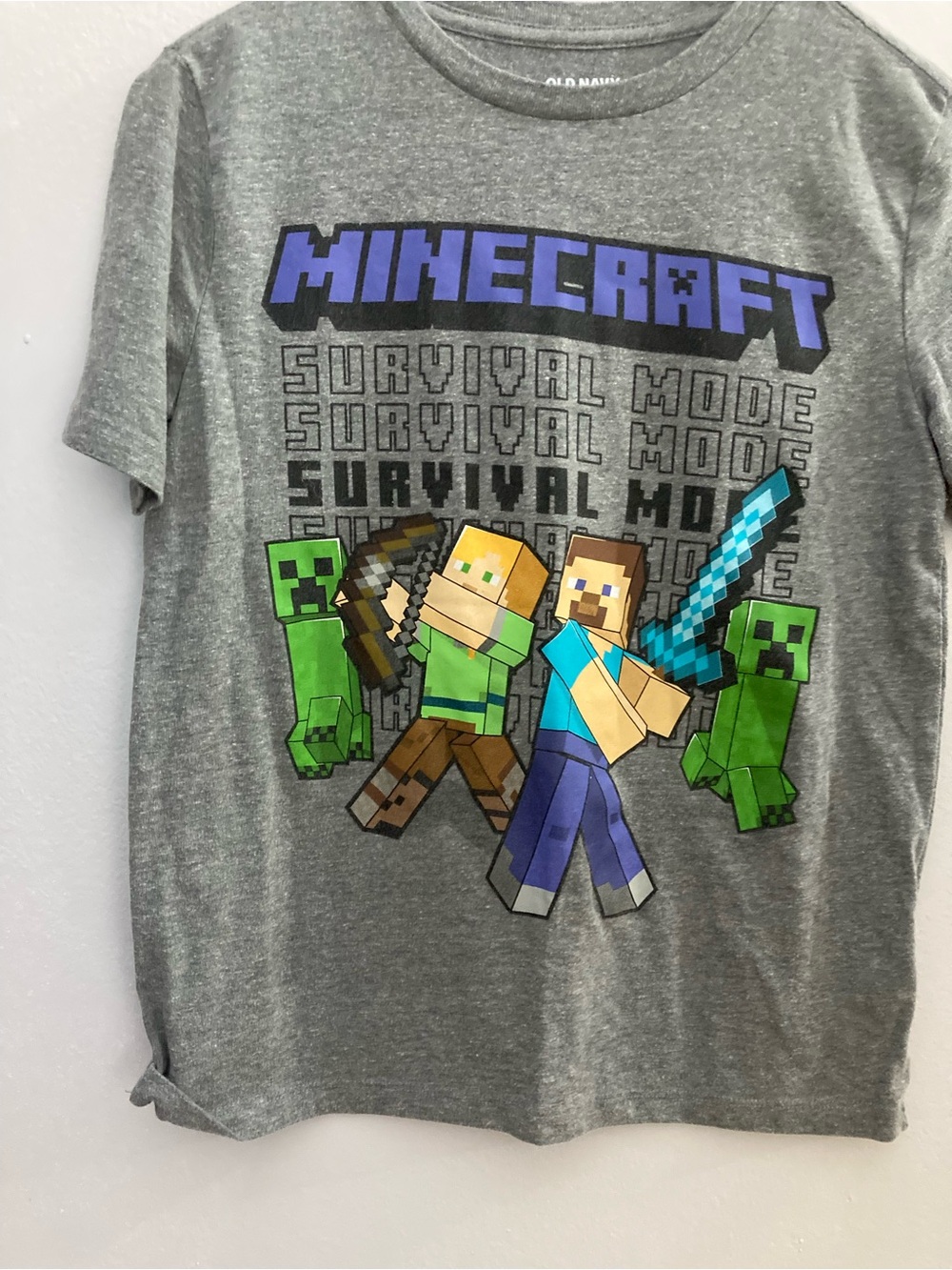 Old Navy Gray Minecraft Graphic Tee with Blue and Green Accents